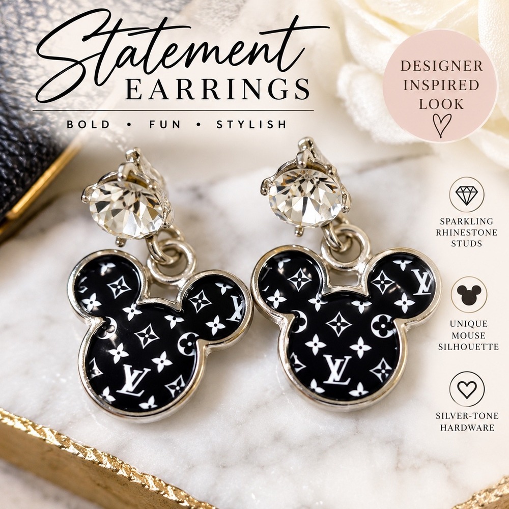 Black Monogram Mouse Silhouette Rhinestone Dangle Earrings Silver Tone